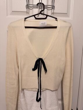 Le Lis Cream Ribbed V-Neck Sweater with Black Tie